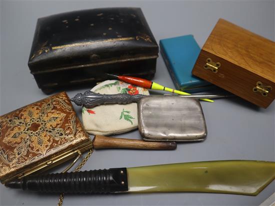 A Victorian toleware spice box, and group of other items including silver cigarette case and a silver compact
